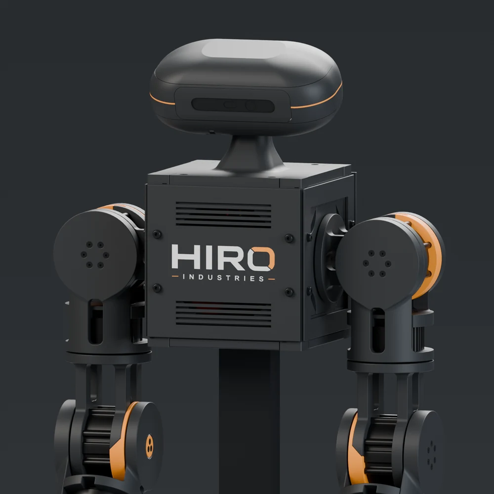 Origin’s head camera, orange HIRO chest logo and shoulder assemblies