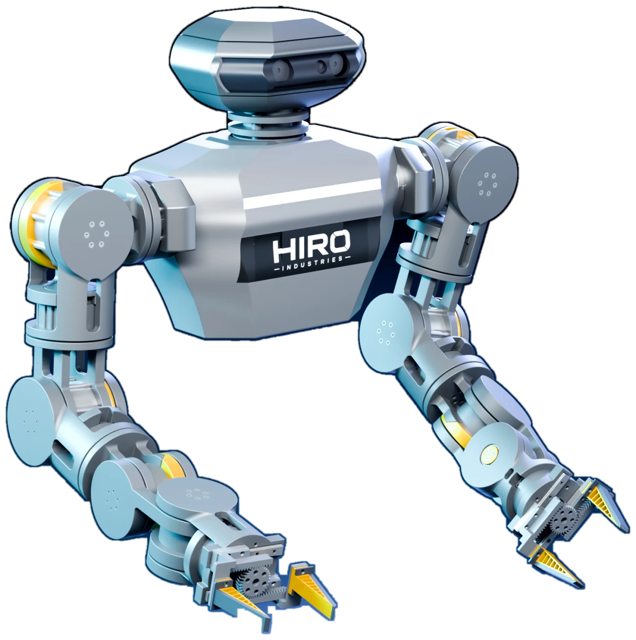 Origin in three-quarter view, both arms lowered and the HIRO wordmark on its chest