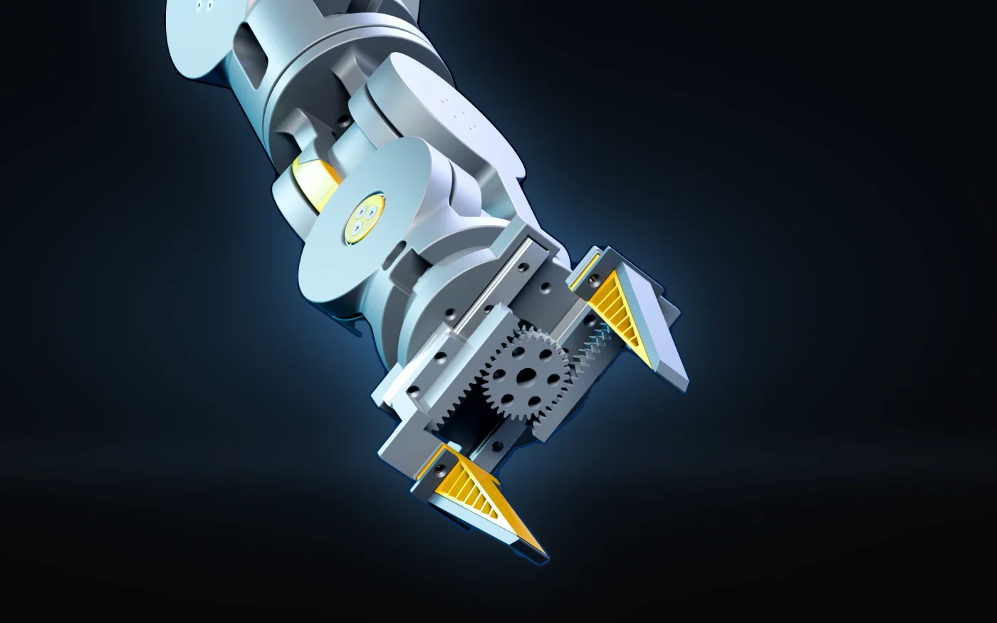 Close detail of a HIRO end effector — geared jaws with amber gripping faces