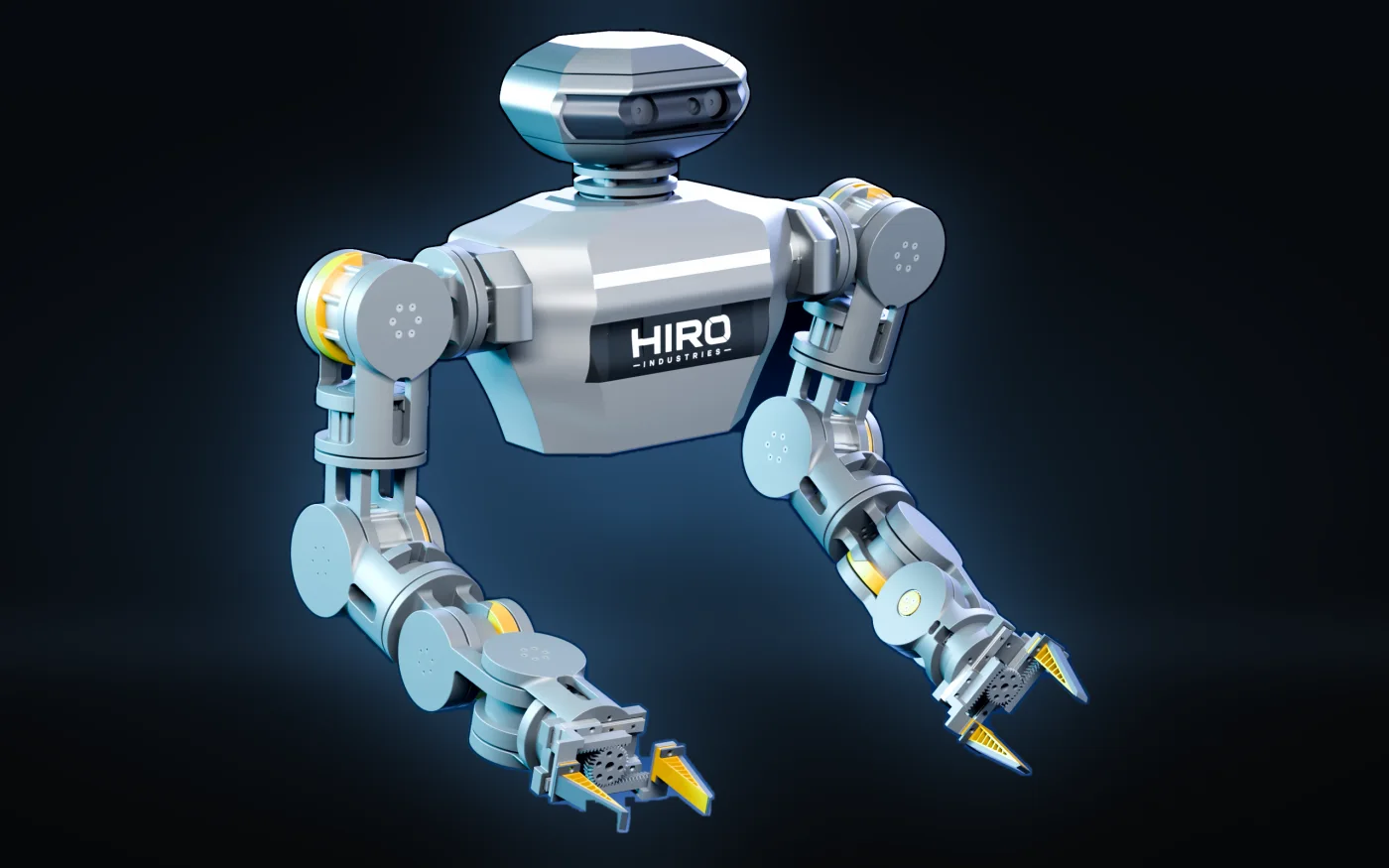 Origin in three-quarter view, both arms lowered and the HIRO wordmark on its chest